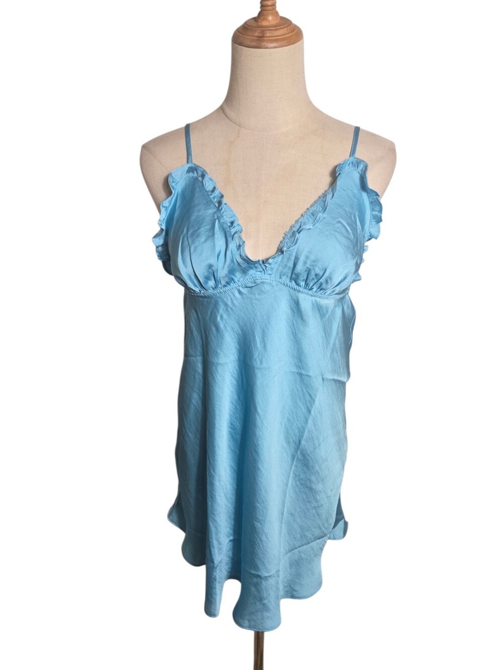 Flora Nikrooz Blue Ruffle Trim Satin Slip Dress Nightie NWT